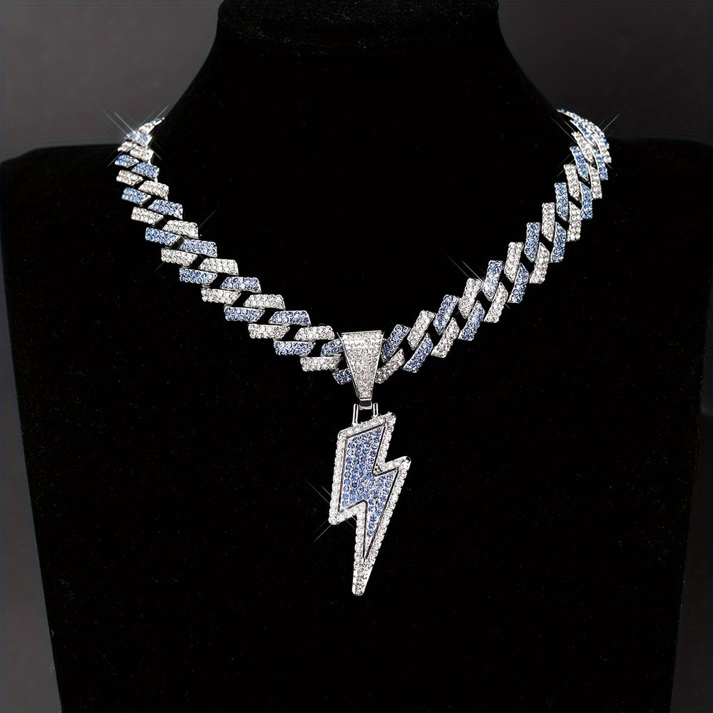 Iced-Out Lightning Bolt Pendant Necklace for Men - Sparkly CZ Cuban Link Chain, Hip Hop Rapper Jewelry by YOBEBOX, YOBEBOX