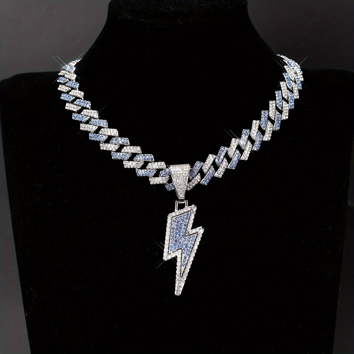 Iced-Out Lightning Bolt Pendant Necklace for Men - Sparkly CZ Cuban Link Chain, Hip Hop Rapper Jewelry by YOBEBOX, YOBEBOX