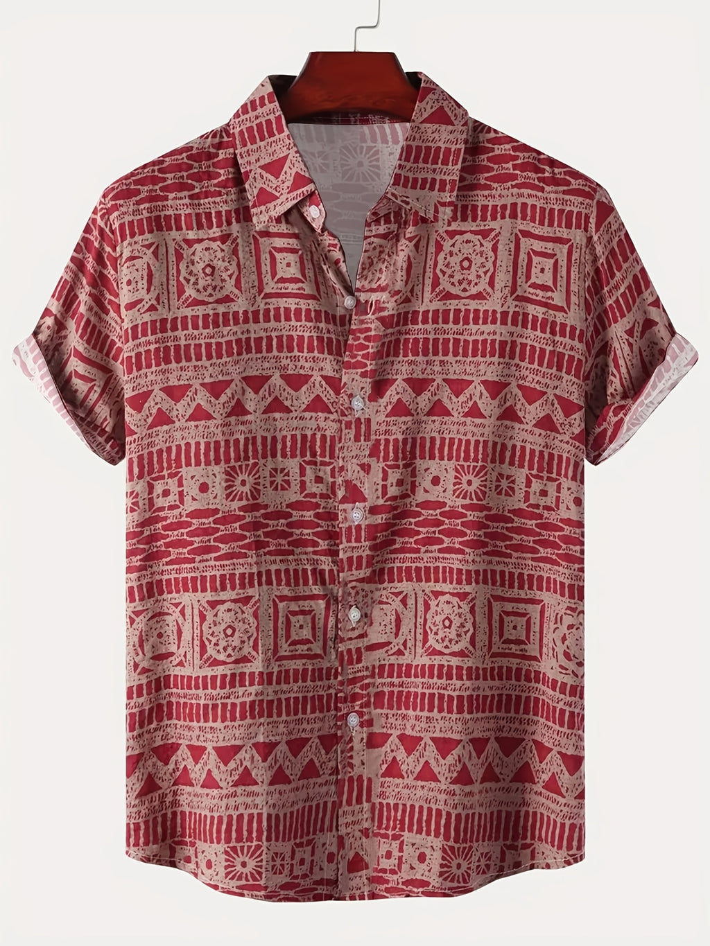 Men's Casual Short-Sleeve Button-Up Shirt with Vibrant Red & White Geometric Print - Lightweight Polyester, Machine Washable, Perfect for Summer Outings, Relaxed Fit Shirt | Ethnic Print Shirt | Polyester Fabric