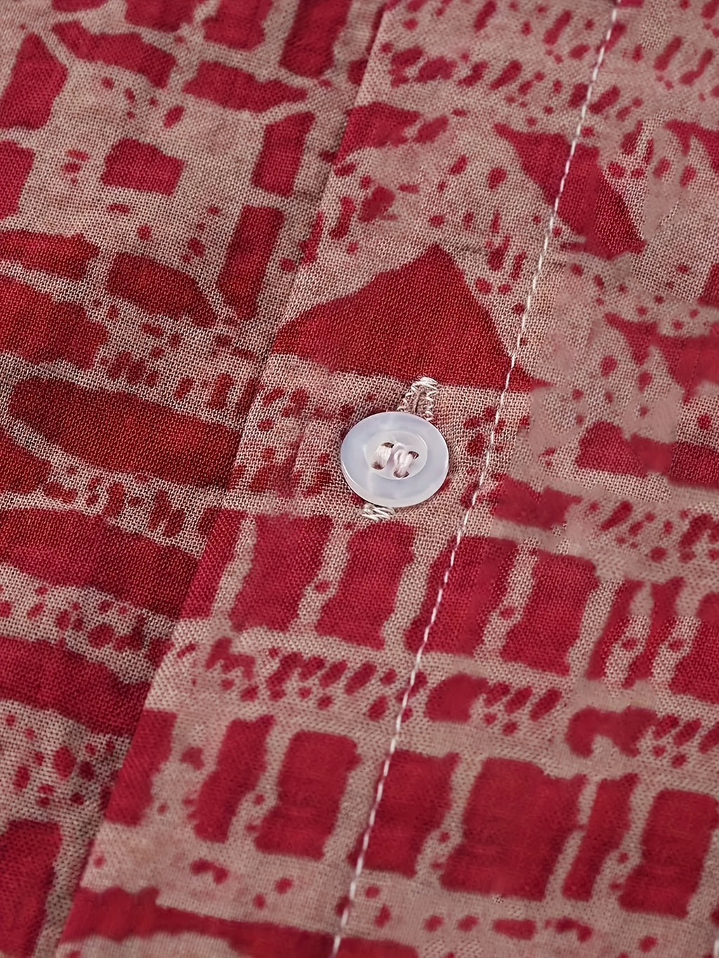Men's Casual Short-Sleeve Button-Up Shirt with Vibrant Red & White Geometric Print - Lightweight Polyester, Machine Washable, Perfect for Summer Outings, Relaxed Fit Shirt | Ethnic Print Shirt | Polyester Fabric