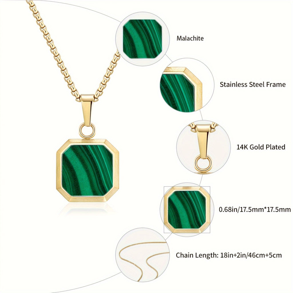 14K Gold Plated Malachite Pendant Necklace - Square Stainless Steel Chain with Green Marble Design, Ideal for St. Patrick'S Day, Mother'S Day, Father'S Day, All Seasons, Gift Item|Elegant Pendant|Durable Chain, Pendant Necklace