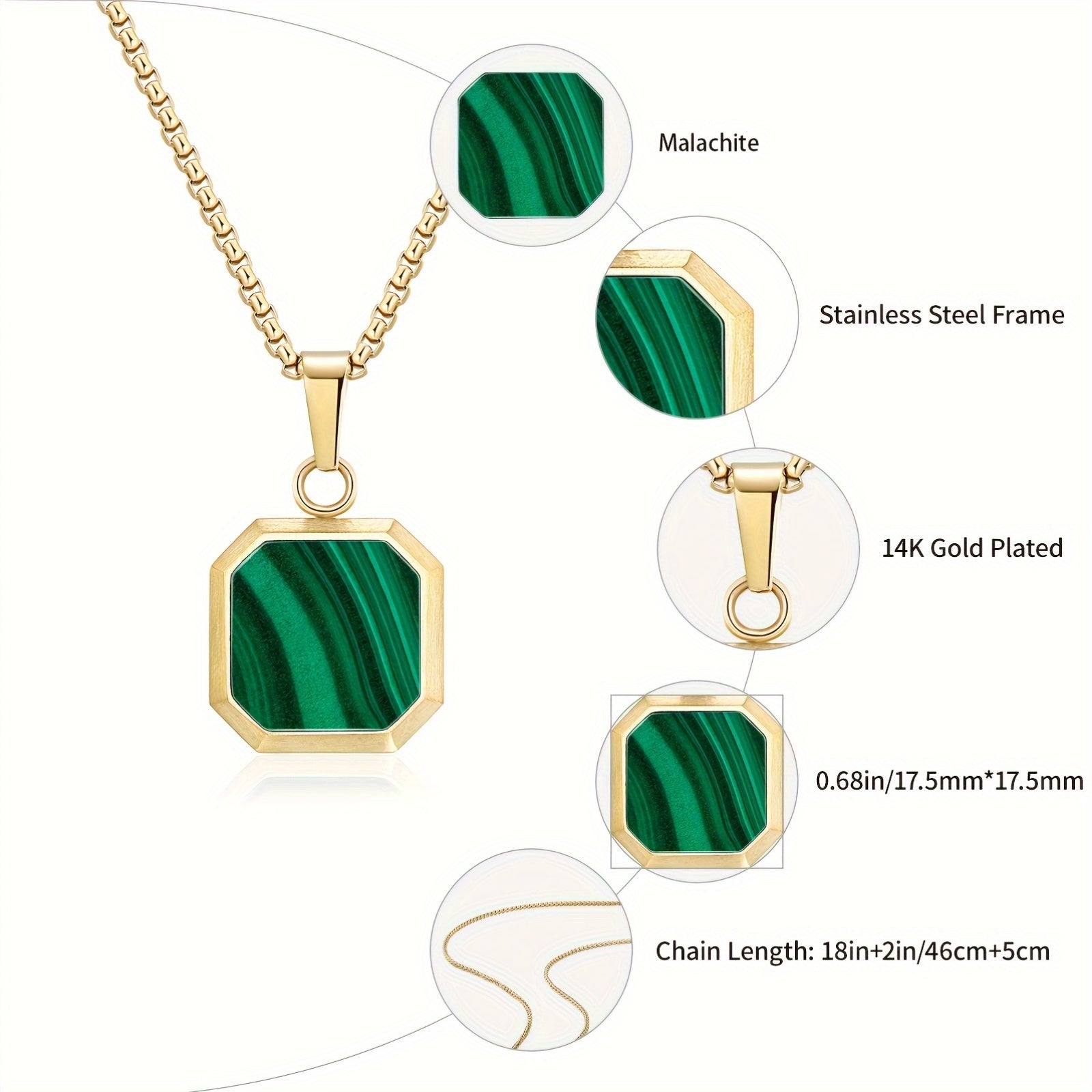 14K Gold Plated Malachite Pendant Necklace - Square Stainless Steel Chain with Green Marble Design, Ideal for St. Patrick'S Day, Mother'S Day, Father'S Day, All Seasons, Gift Item|Elegant Pendant|Durable Chain, Pendant Necklace
