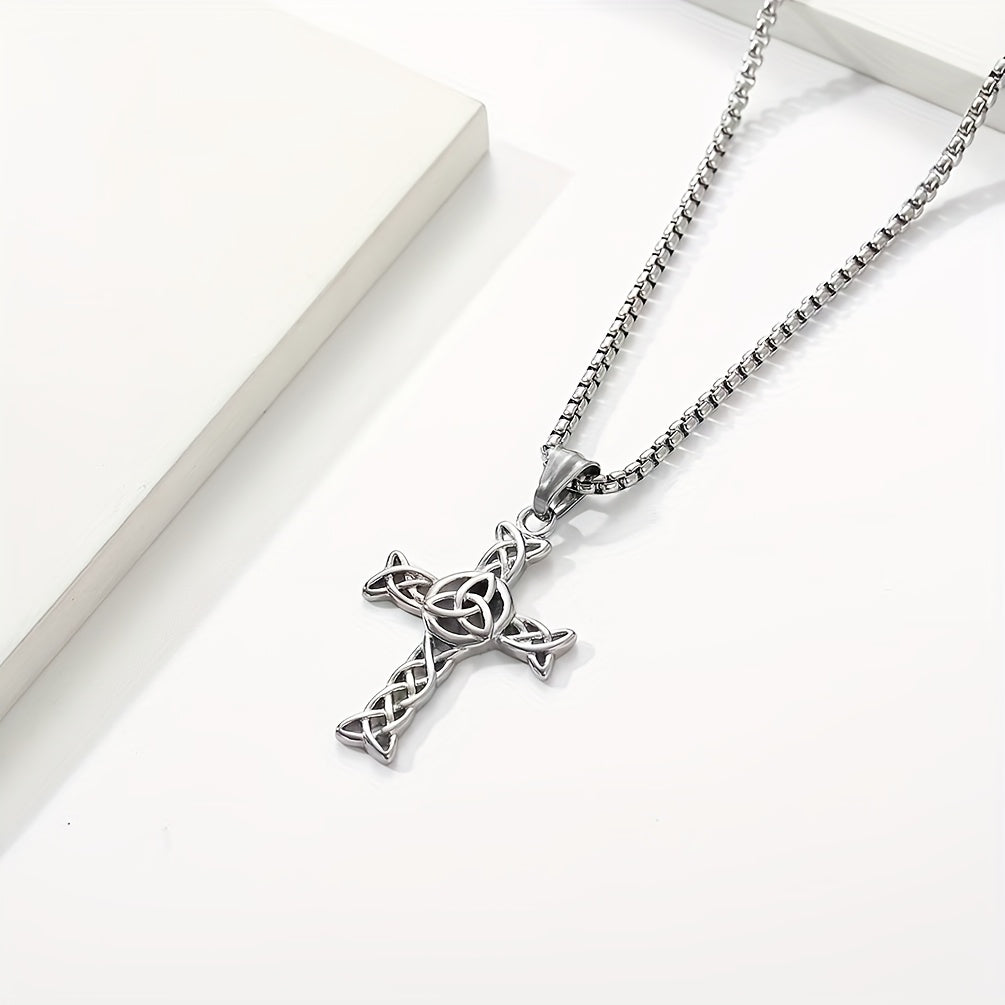 A Vintage And Stylish Stainless Steel Cross Necklace Featuring a Hollow Design, Made of Titanium Steel with a Celtic Knot Cross Pendant, Perfect As a Gift for a Boyfriend, Christmas, Parties, Or Family Occasions.