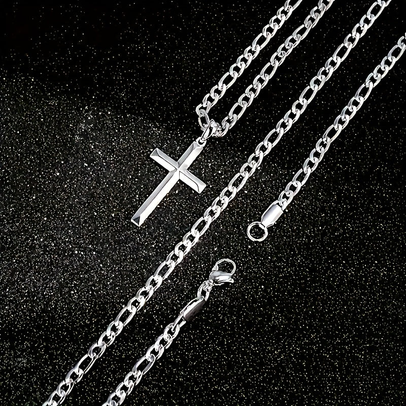 A Stylish And Versatile 925 Sterling Silver Cross Necklace With A Figaro Chain, Perfect For Everyday Wear, Ideal As A Gift For Your Boyfriend On Special Occasions, Comes With A Beautiful Gift Box.