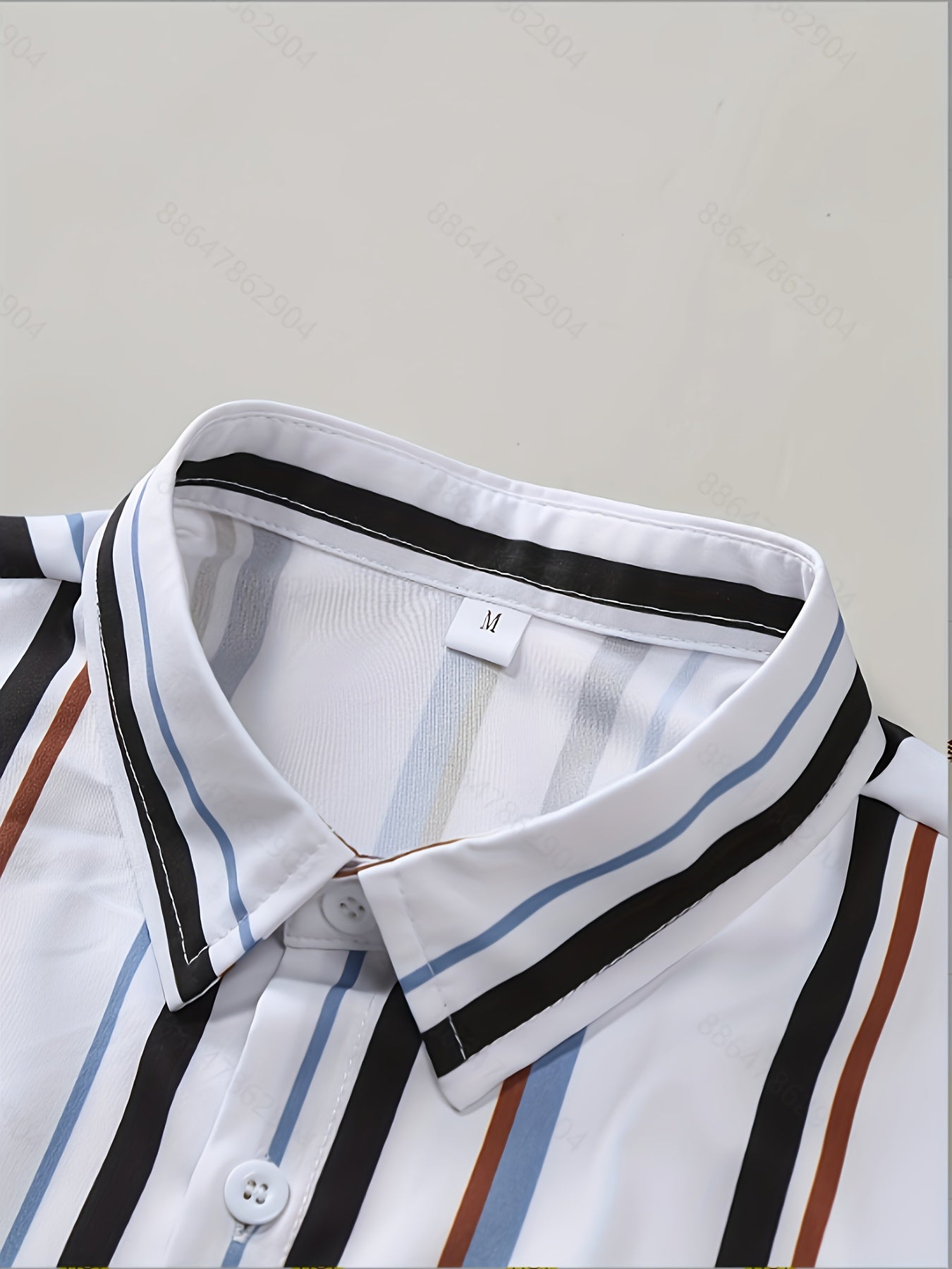 Men'S Casual Summer Short Sleeve Button-Up Shirt - White with Blue, Black, and Orange Vertical Stripes, Non-Stretch Fabric, Perfect for Weekend Outings, Casual Attire|Striped Shirt|Nonstretch Fabric