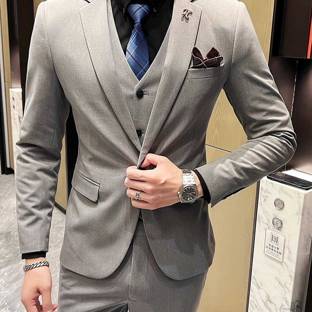 Ensemble Costume Homme Slim Fit Business Casual Trois Pièces - Tenue Formelle Élégante pour Printemps\u002FÉté, Inclut Veste + Gilet + Pantalon (Sans Boutons de Manchette) ! Foulard Offert Aléatoirement