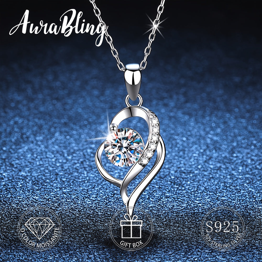 AuraBling S925 Sterling Silvery Necklace, Moissanite Pendant with 1 Carat Heart-to-Heart Design