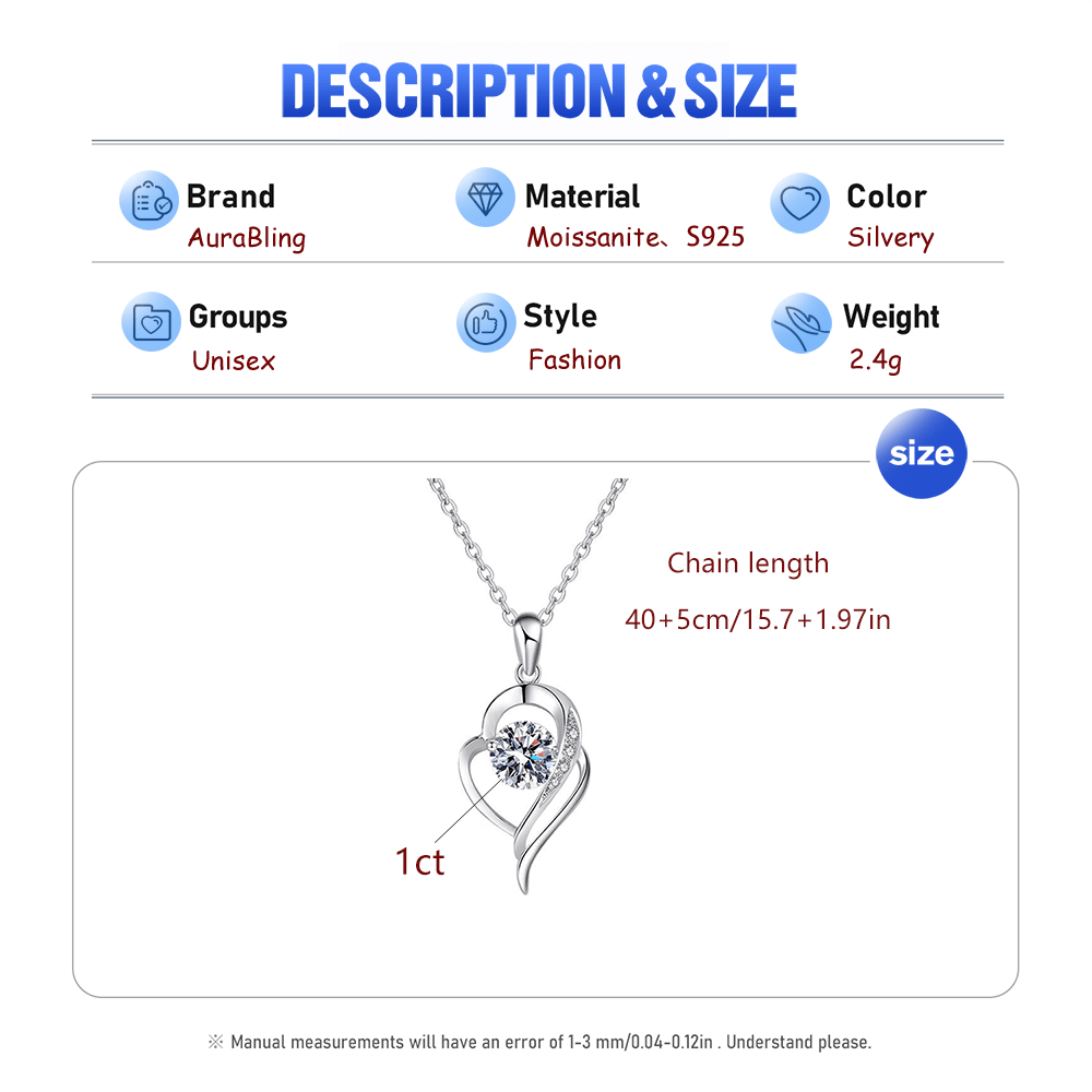 AuraBling S925 Sterling Silvery Necklace, Moissanite Pendant with 1 Carat Heart-to-Heart Design