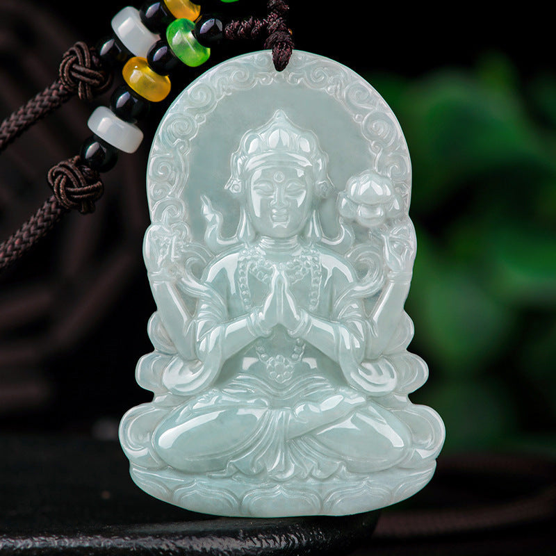 Elegant Four-Armed Avalokiteshvara Pendant with Natural Stone And Handcrafted Beaded Necklace - Suitable for Men And Women