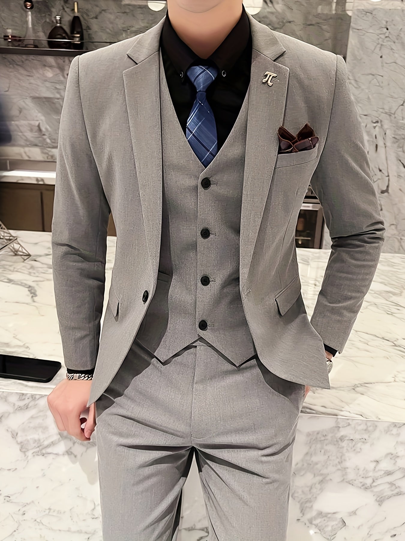 Ensemble Costume Homme Slim Fit Business Casual Trois Pièces - Tenue Formelle Élégante pour Printemps\u002FÉté, Inclut Veste + Gilet + Pantalon (Sans Boutons de Manchette) ! Foulard Offert Aléatoirement