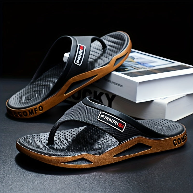 A Pair of Durable And Lightweight Men'S Flip-Flops with a Thick Sole, Featuring a Comfortable Footbed, Suitable for Indoor, Outdoor, And Beach Activities.