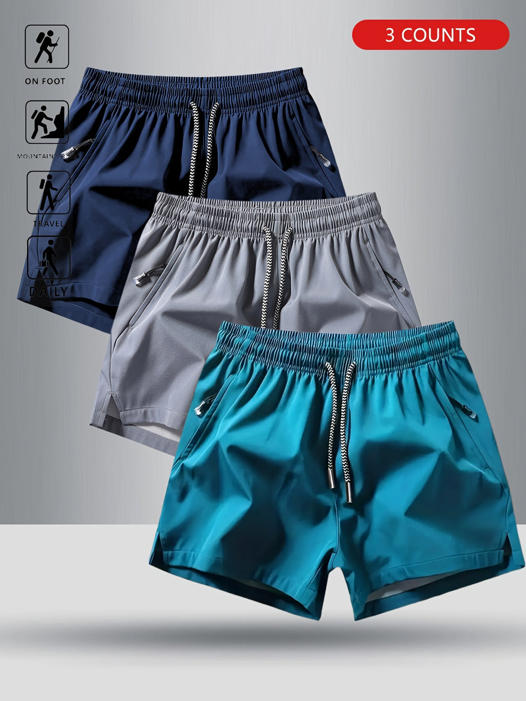 3pcs OBM Men's Moisture-Wicking Lightweight Athletic Shorts with Adjustable Drawstring Waist & Zipper Pocket - Breathable Quick-Dry Gym Running Training Shorts for Summer, Beach, Outdoor Activities (Teal, Burgundy, Navy)