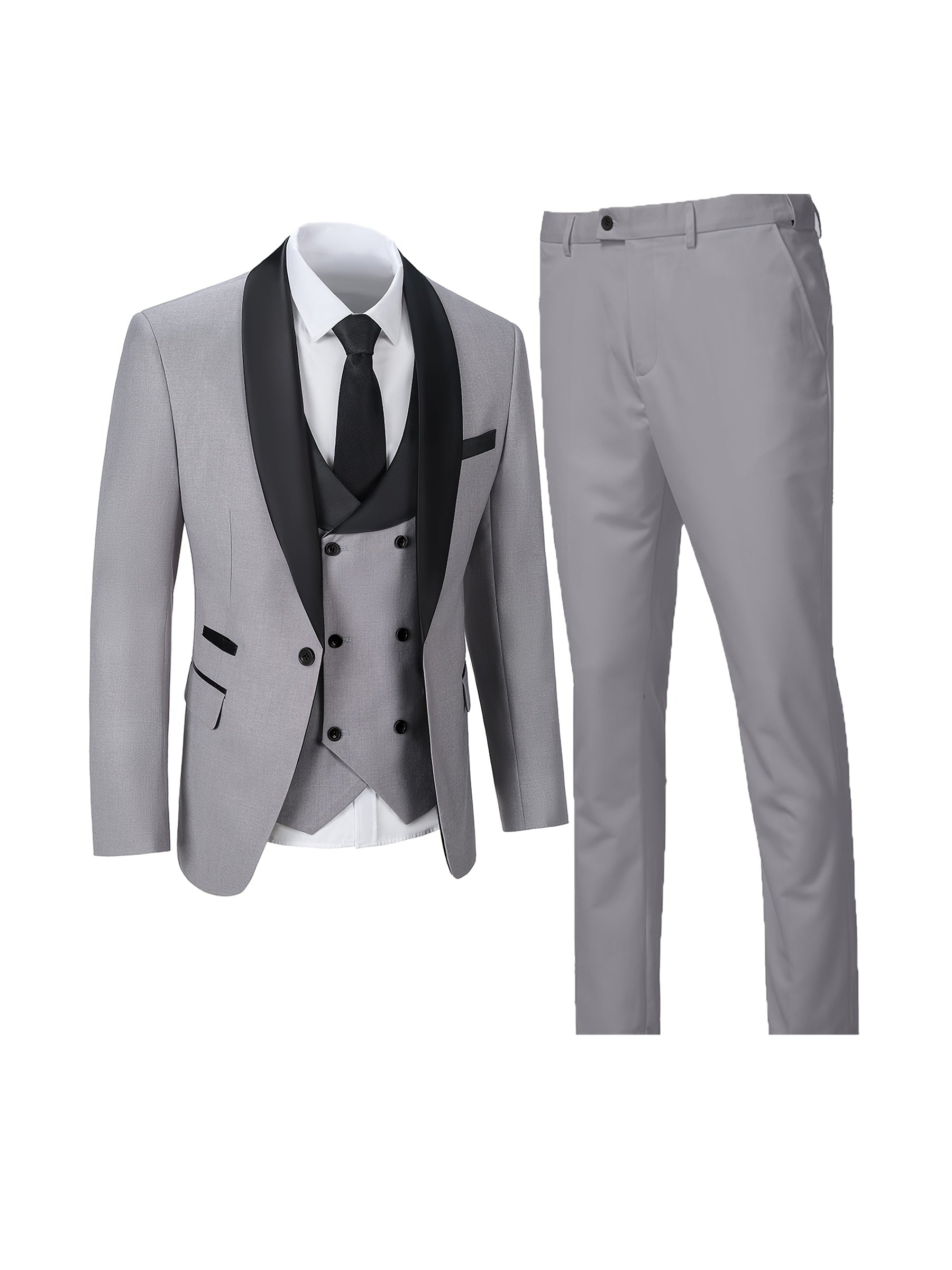 Ensemble trois pièces pour homme avec col bleu clair, gilet et pantalon pour les mariages et les événements en plein air.