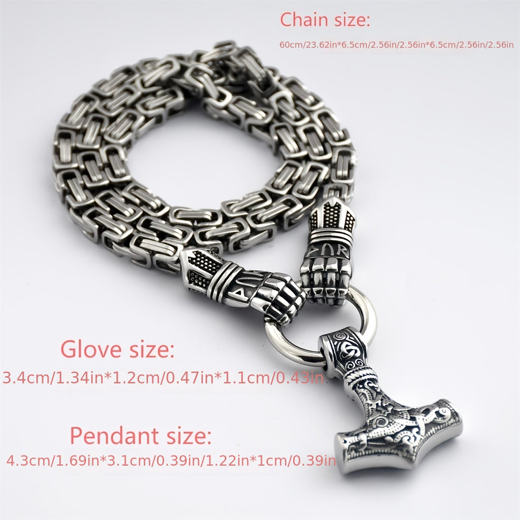Men's Stainless Steel Gloves King Chain Necklace, Nordic Viking Titanium Steel Odin Thor's Hammer Pendant Necklace, Viking Men Jewelry