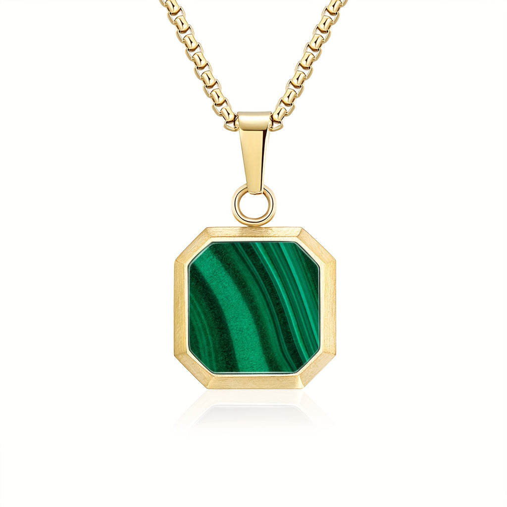 14K Gold Plated Malachite Pendant Necklace - Square Stainless Steel Chain with Green Marble Design, Ideal for St. Patrick'S Day, Mother'S Day, Father'S Day, All Seasons, Gift Item|Elegant Pendant|Durable Chain, Pendant Necklace