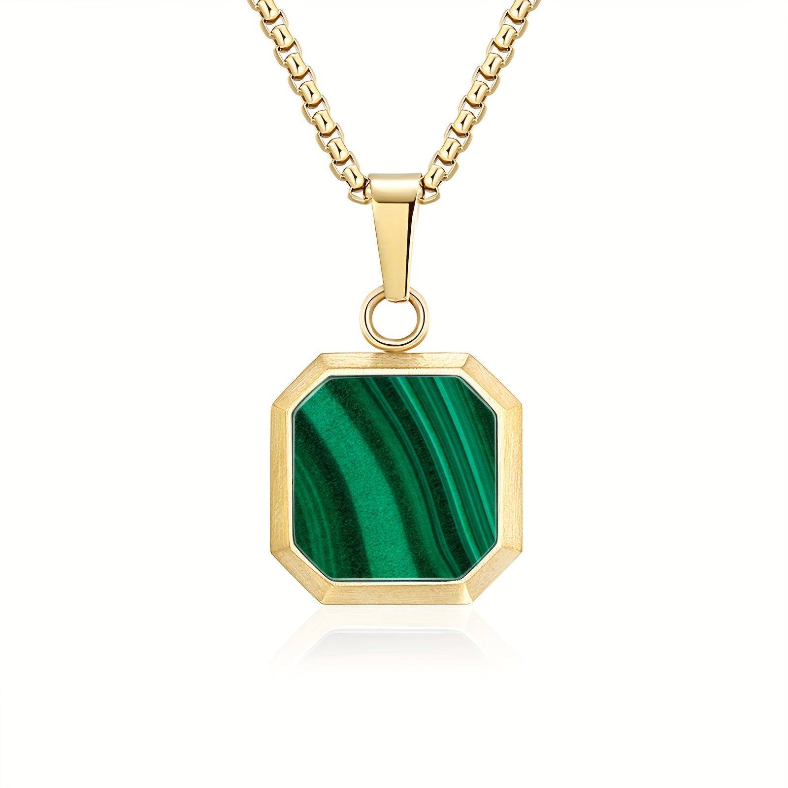 14K Gold Plated Malachite Pendant Necklace - Square Stainless Steel Chain with Green Marble Design, Ideal for St. Patrick'S Day, Mother'S Day, Father'S Day, All Seasons, Gift Item|Elegant Pendant|Durable Chain, Pendant Necklace