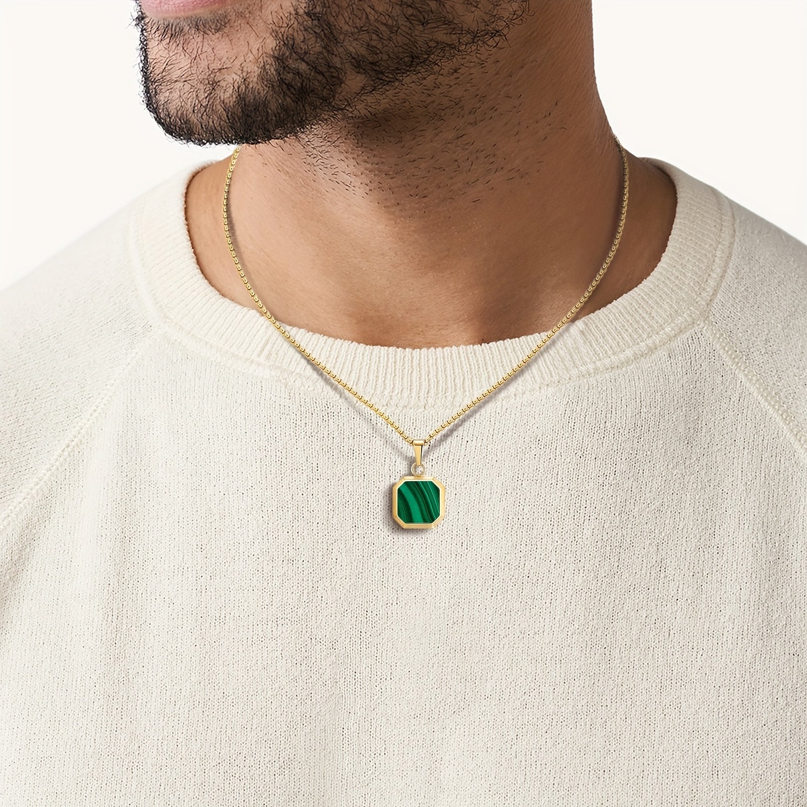 14K Gold Plated Malachite Pendant Necklace - Square Stainless Steel Chain with Green Marble Design, Ideal for St. Patrick'S Day, Mother'S Day, Father'S Day, All Seasons, Gift Item|Elegant Pendant|Durable Chain, Pendant Necklace