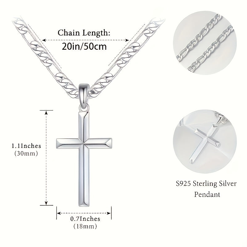 A Stylish And Versatile 925 Sterling Silver Cross Necklace With A Figaro Chain, Perfect For Everyday Wear, Ideal As A Gift For Your Boyfriend On Special Occasions, Comes With A Beautiful Gift Box.