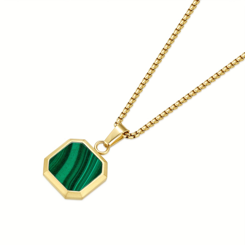 14K Gold Plated Malachite Pendant Necklace - Square Stainless Steel Chain with Green Marble Design, Ideal for St. Patrick'S Day, Mother'S Day, Father'S Day, All Seasons, Gift Item|Elegant Pendant|Durable Chain, Pendant Necklace