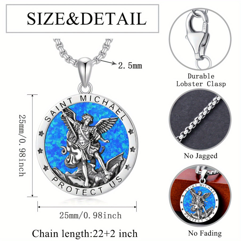 Opal St Michael Necklace For Men 925 Sterling Silvery Round Saint Archangel Michael Medal Medallion Protection Jewelry