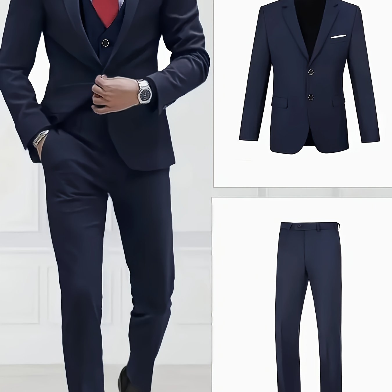 3-Piece Men's Classic Black Suit Set - Long Sleeve Blazer, Vest & Pants with Pockets, Button Details, Non-Stretch Polyester Fabric, Perfect for Weddings, Business Meetings & Formal Events