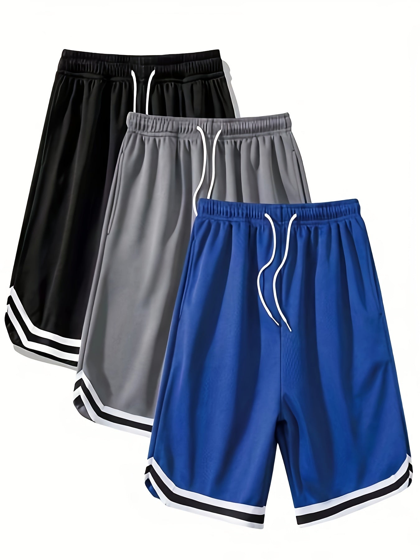 3pcs Men'S Summer Quick-Dry Athletic Shorts - Loose Fit Breathable Basketball Shorts with Ribbed Waistband, Solid Color (Black, Gray, Blue) for Gym, Running, Beach & Casual Wear, Gym Shorts, Sporty Style, Quickdry Fabric