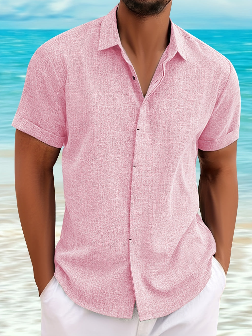Casual Short-Sleeved Blue Linen Shirt for Men, Featuring an Invisible Button-Up Design, Perfect for Summer Weddings at The Beach.