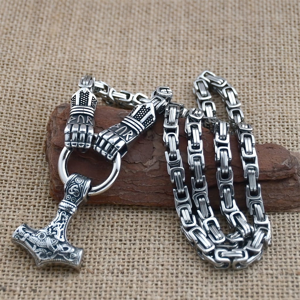 Men's Stainless Steel Gloves King Chain Necklace, Nordic Viking Titanium Steel Odin Thor's Hammer Pendant Necklace, Viking Men Jewelry