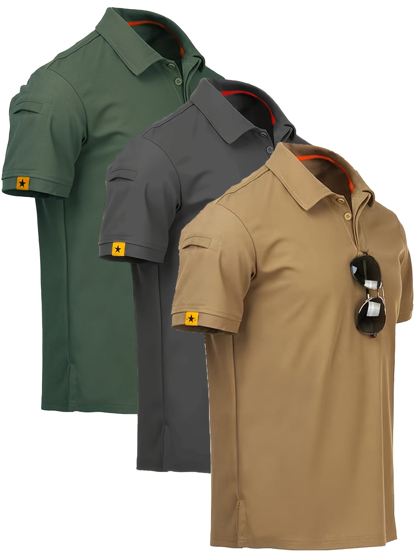 Men'S 3pcs Summer Short Sleeve Polo Shirts, Stretchy Breathable Quick-Dry Comfortable Lightweight for Outdoor Camping, Hiking & Casual Wear, Solid Color with Tag Detail, Hiking Clothing | Tag Detail Shirt | Comfortable Fit