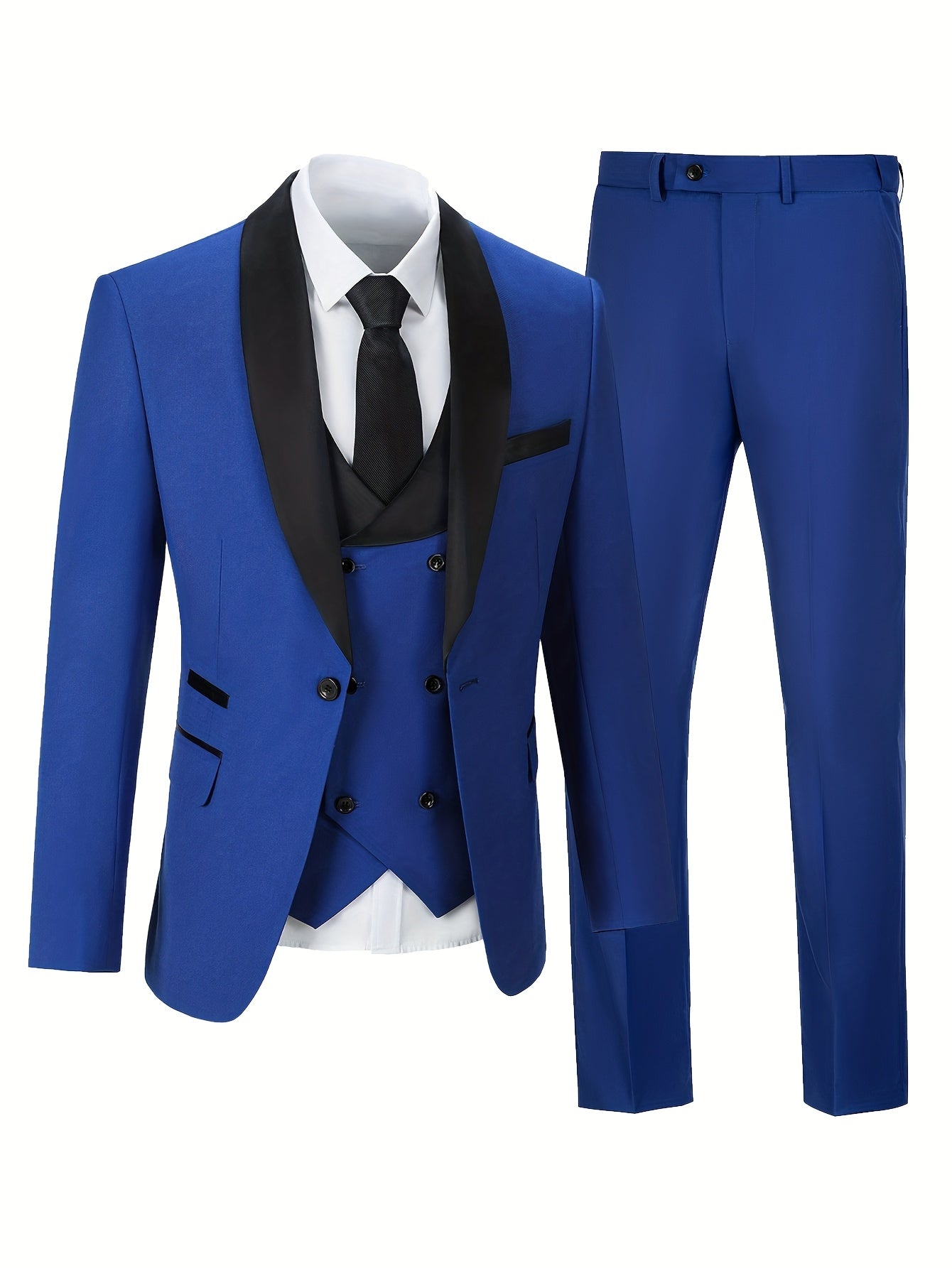 Ensemble trois pièces pour homme avec col bleu clair, gilet et pantalon pour les mariages et les événements en plein air.