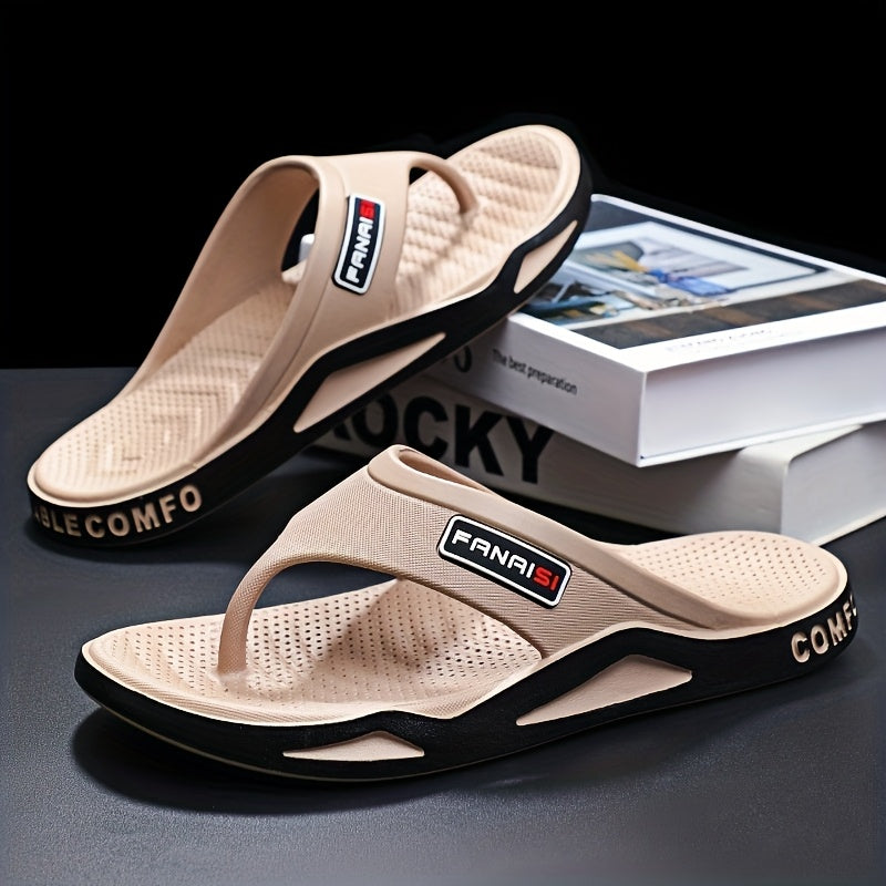 A Pair of Durable And Lightweight Men'S Flip-Flops with a Thick Sole, Featuring a Comfortable Footbed, Suitable for Indoor, Outdoor, And Beach Activities.