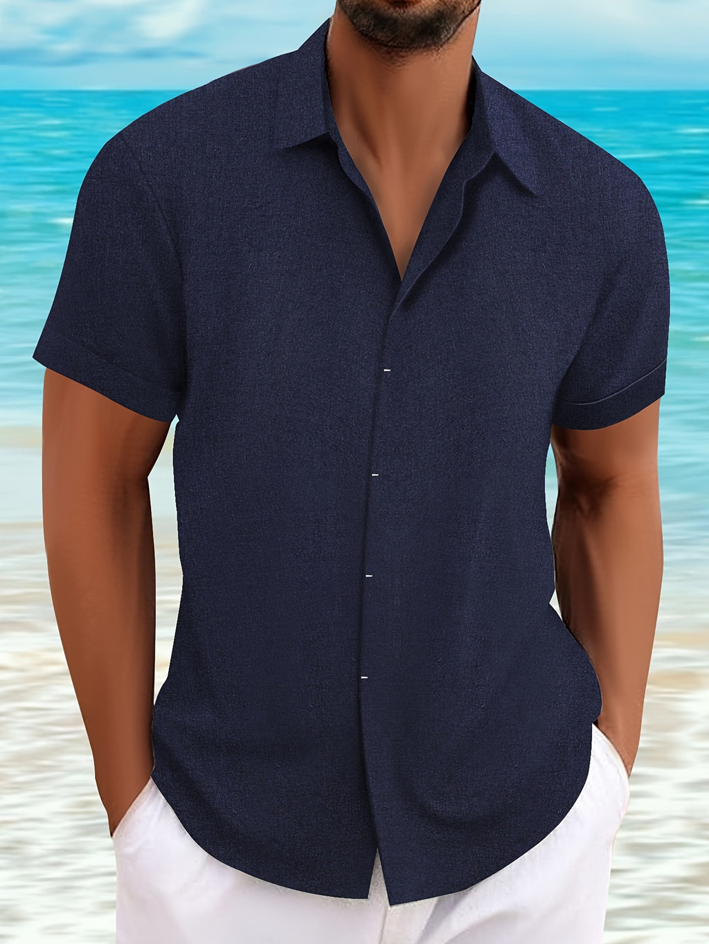 Casual Short-Sleeved Blue Linen Shirt for Men, Featuring an Invisible Button-Up Design, Perfect for Summer Weddings at The Beach.