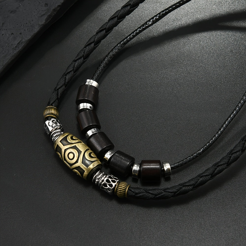 HUANMING Men's Vintage Punk Necklace - Trendy Braided Wax Cord with Antique Pendant, Black Layered Choker Jewelry