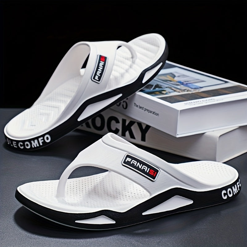 A Pair of Durable And Lightweight Men'S Flip-Flops with a Thick Sole, Featuring a Comfortable Footbed, Suitable for Indoor, Outdoor, And Beach Activities.