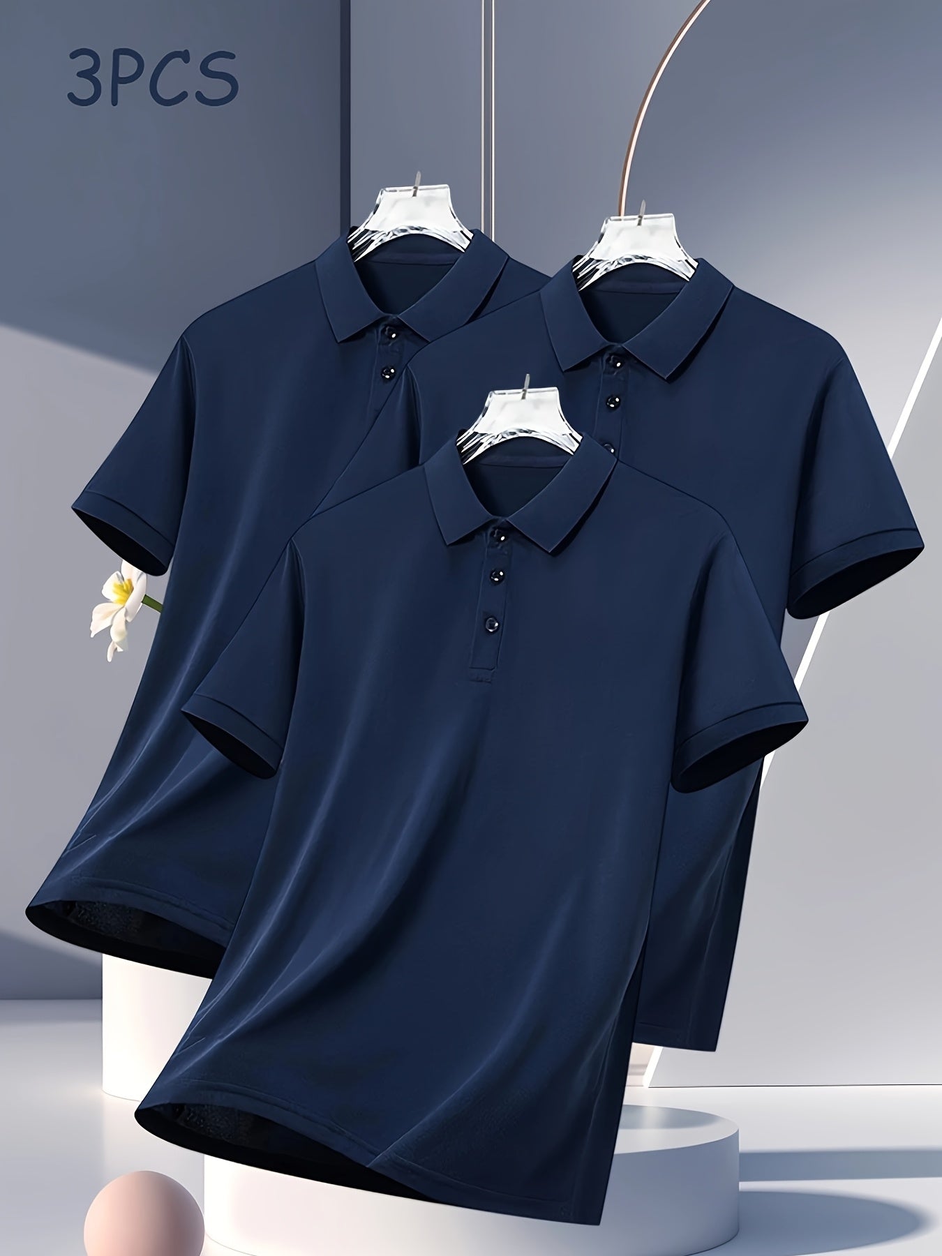 3pcs Men's Casual Shirts - Breathable Polyester, Button-Up, Short Sleeve in Black, White, & Navy - Ideal for Summer Sports & Leisure