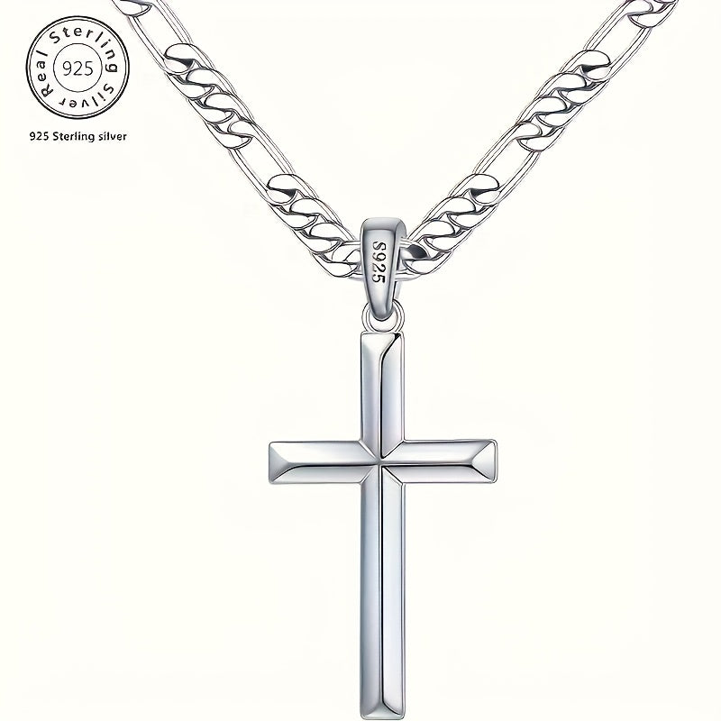 A Stylish And Versatile 925 Sterling Silver Cross Necklace With A Figaro Chain, Perfect For Everyday Wear, Ideal As A Gift For Your Boyfriend On Special Occasions, Comes With A Beautiful Gift Box.