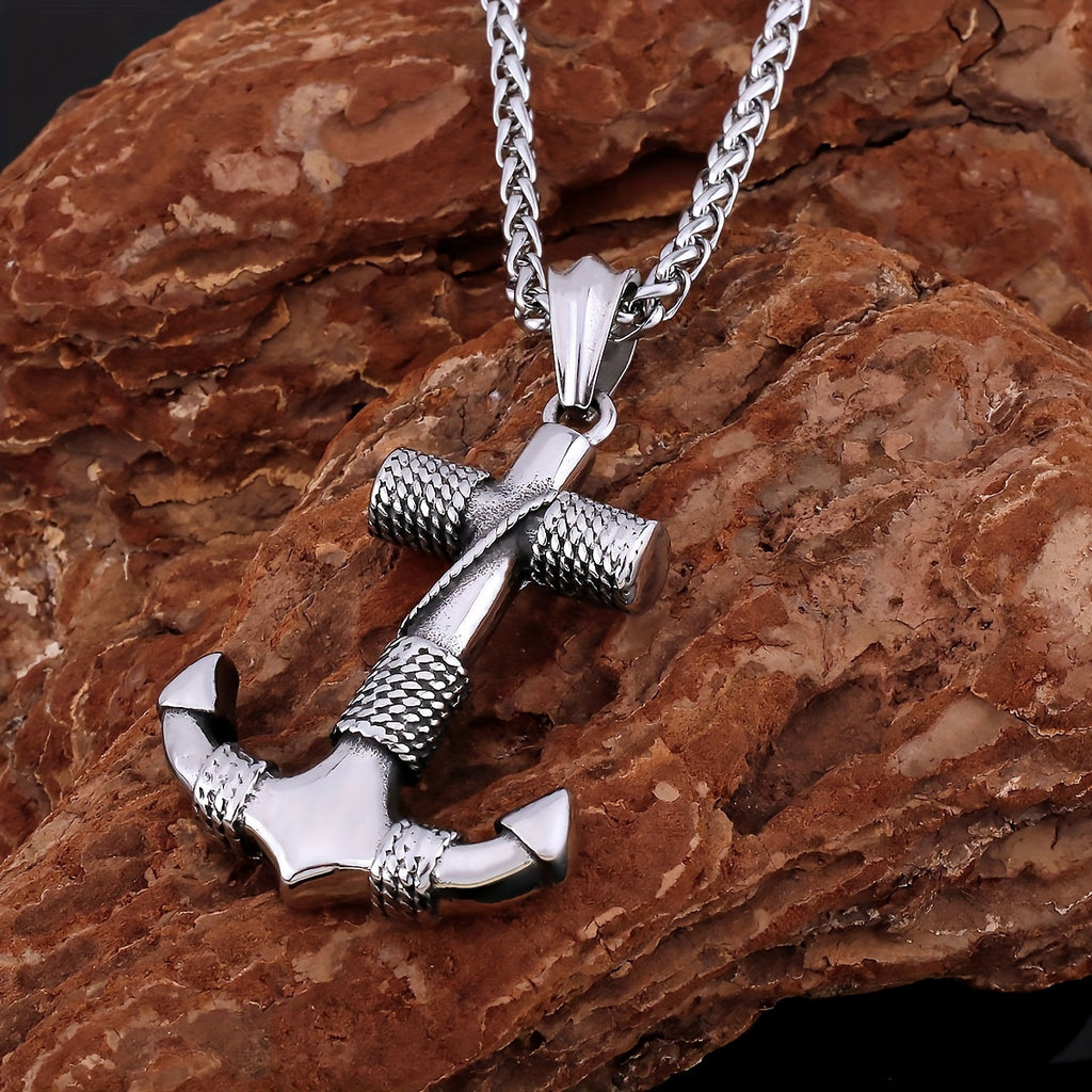 Men's 316L Stainless Steel Anchor Pendant Necklace - Minimalist Nautical Design, Light Gray Tarnish-Resistant Chain, Durable Casual Jewelry for Beach Vacation & Casual Attire, Birthday Gift for Him, Polished Finish