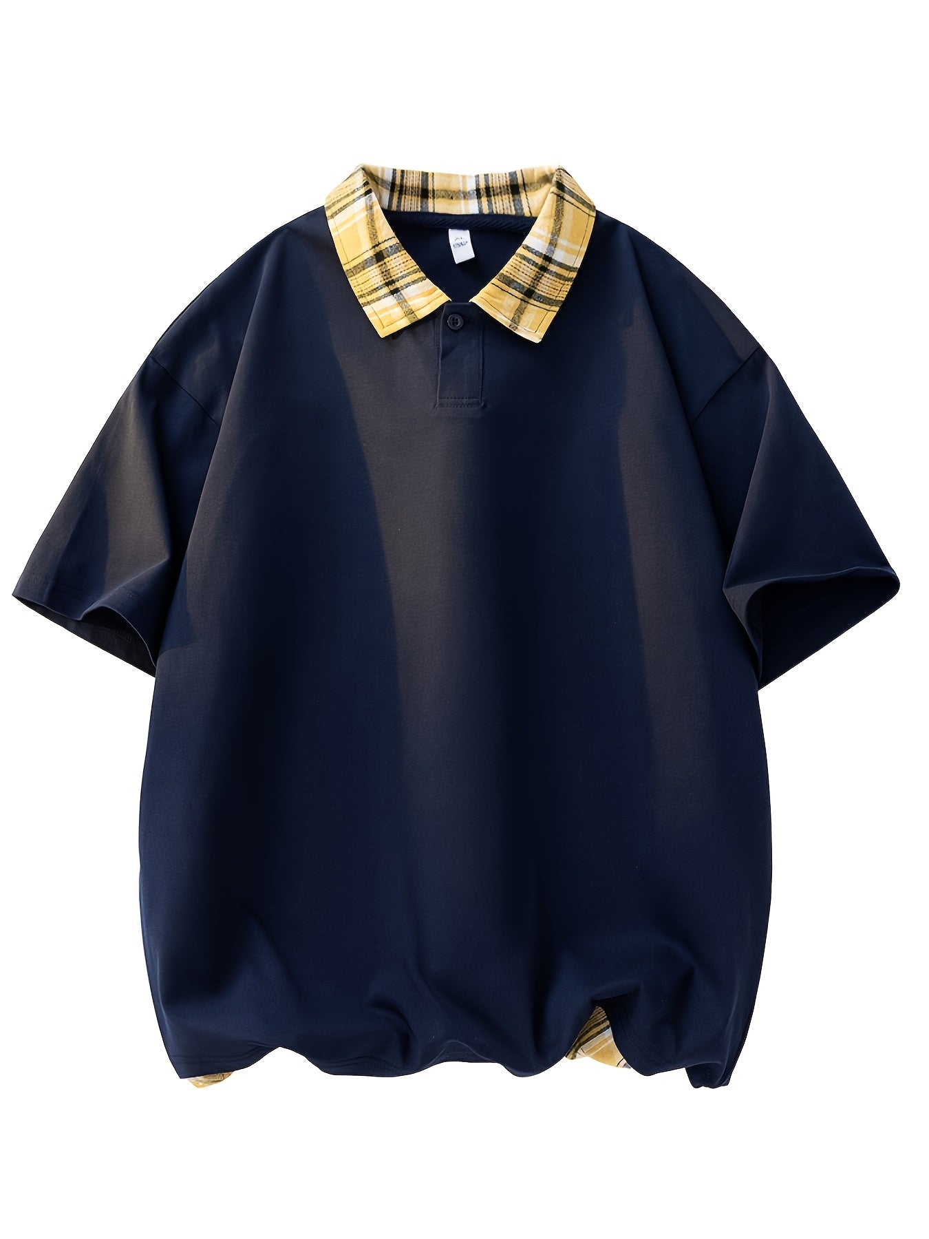 Men'S Casual Color Block Polo Shirt - Short Sleeve, Breathable Polyester, Summer Essential with Yellow and White Check Collar, Relaxed Fit for Weekend Attire, Casual Summer Shirt | Check Pattern Shirt | Polyester Fabric