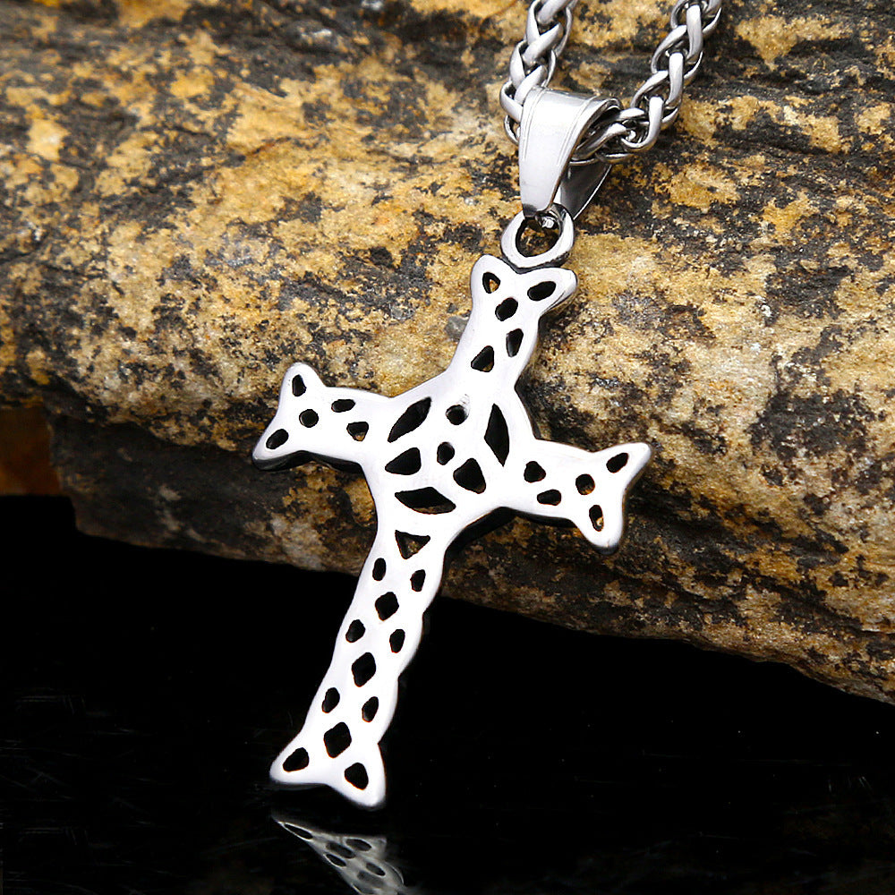 A Vintage And Stylish Stainless Steel Cross Necklace Featuring a Hollow Design, Made of Titanium Steel with a Celtic Knot Cross Pendant, Perfect As a Gift for a Boyfriend, Christmas, Parties, Or Family Occasions.