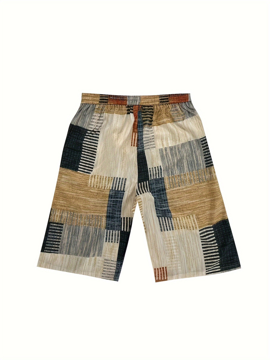 Men'S Geometric-Patterned Casual Beach Shorts, 100% Polyester, Slight Stretch, Drawstring, Regular Fit, Woven Fabric, 120g\u002Fm² - European and American Style Summer Fashion