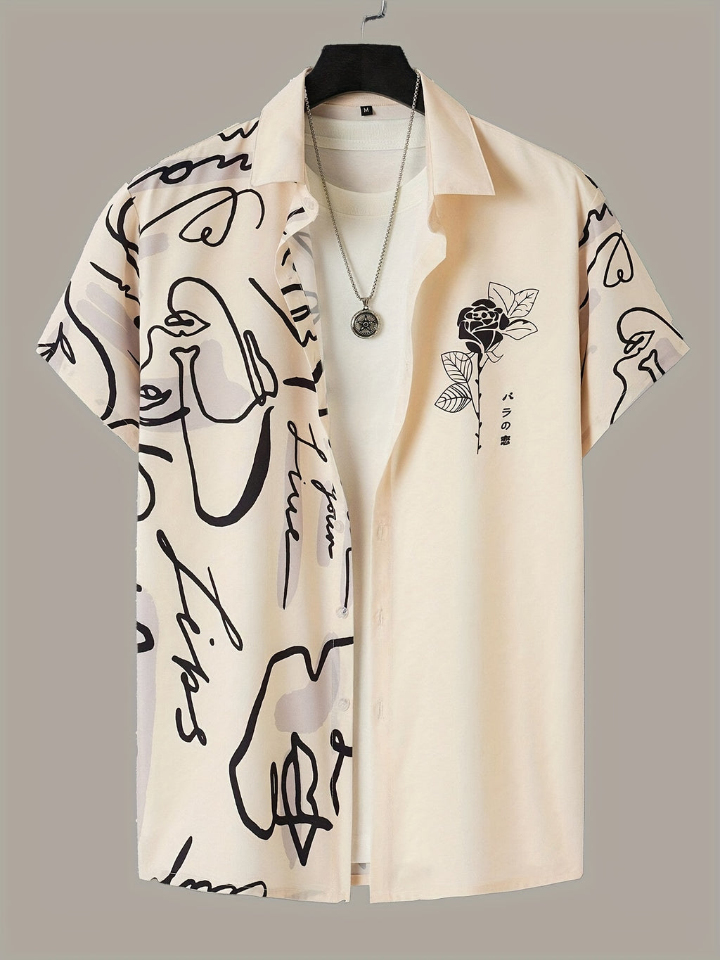 Men's Casual Short Sleeve Button-Up Shirt with Artistic Rose & Calligraphy Print - White with Beige Contrast, Breathable Summer Shirt, Machine Washable Regular Fit for Outdoor & Casual Wear, Nontransparent Fabric