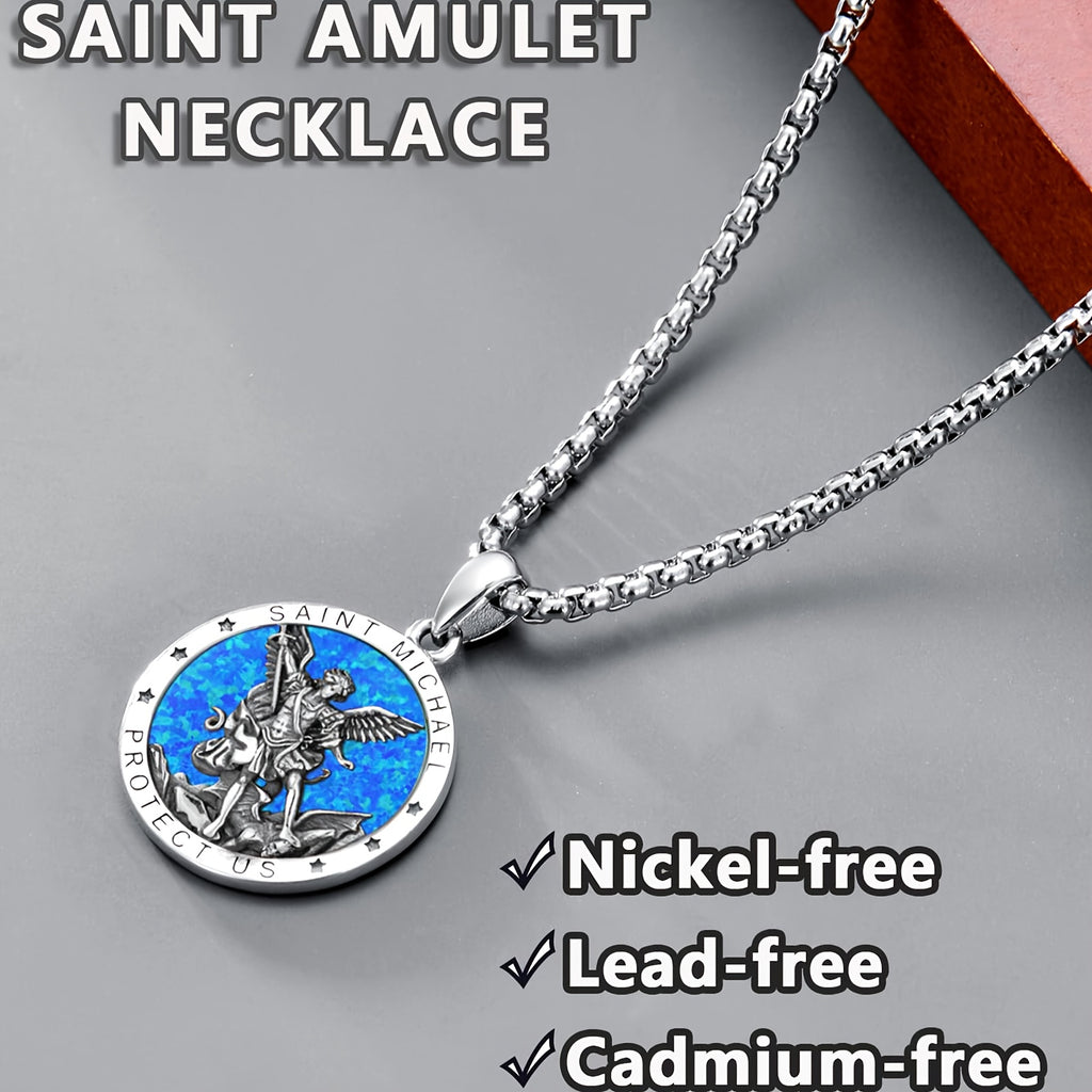 Opal St Michael Necklace For Men 925 Sterling Silvery Round Saint Archangel Michael Medal Medallion Protection Jewelry