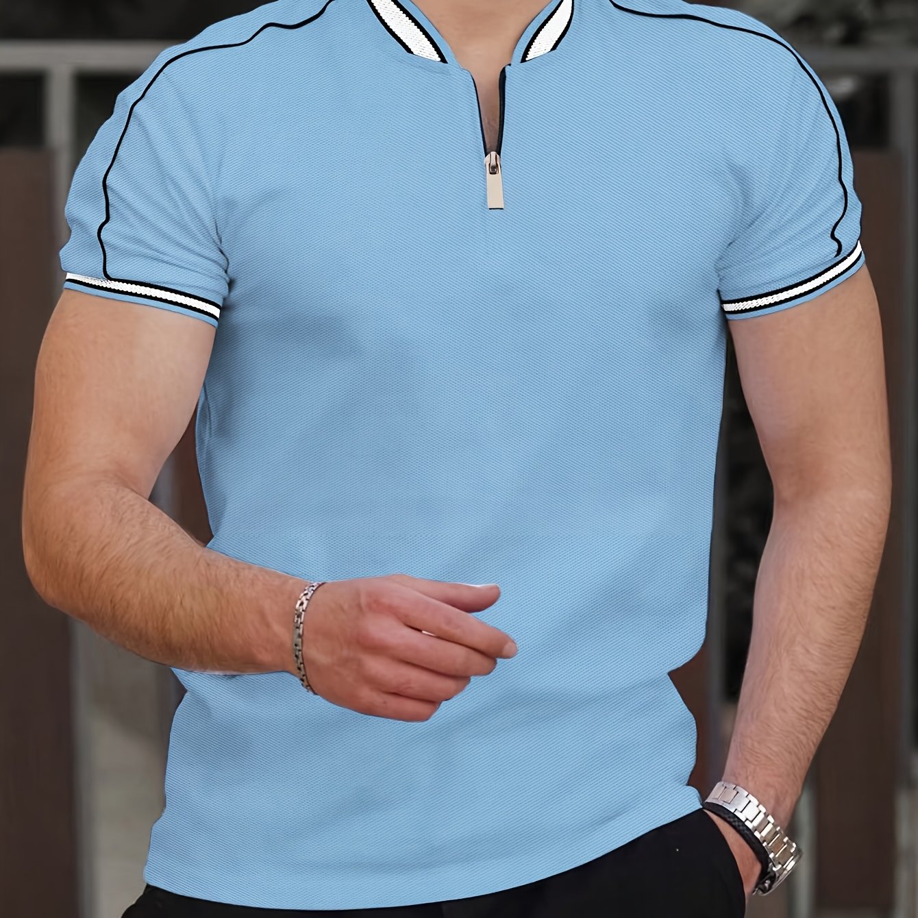 Men's Casual Short Sleeve Shirt - Breathable Moisture-Wicking Fabric, Stand Collar with Contrast Inlaid Lines & Half-Zipper Front, Sporty Solid Color Design for Summer Outdoor Sports & Casual Wear, Active Lifestyle Apparel, Comfortable Fit