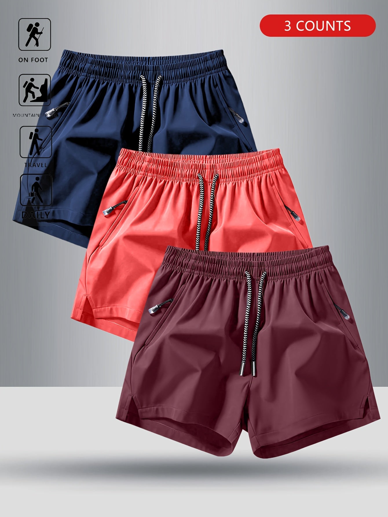3pcs OBM Men's Moisture-Wicking Lightweight Athletic Shorts with Adjustable Drawstring Waist & Zipper Pocket - Breathable Quick-Dry Gym Running Training Shorts for Summer, Beach, Outdoor Activities (Teal, Burgundy, Navy)