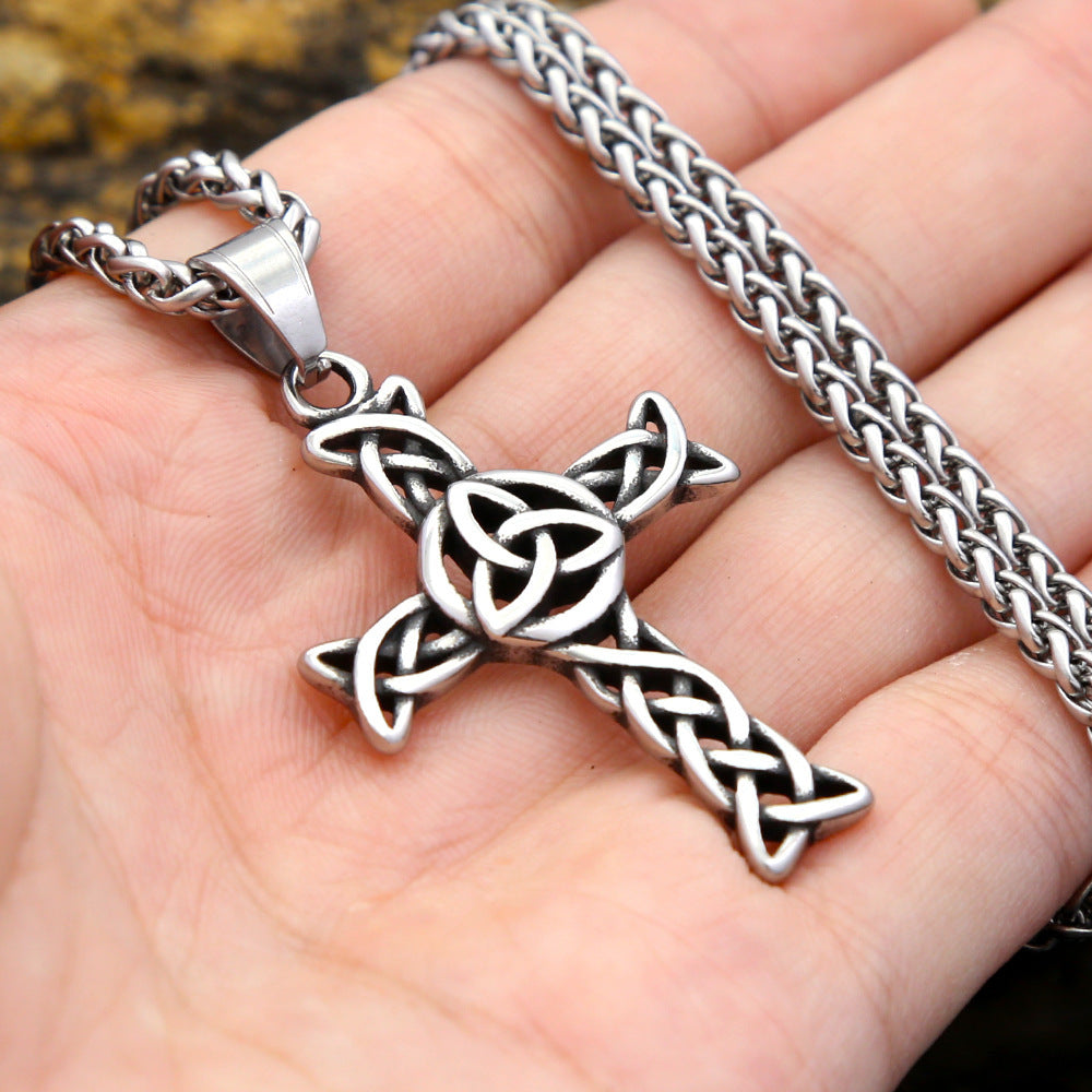 A Vintage And Stylish Stainless Steel Cross Necklace Featuring a Hollow Design, Made of Titanium Steel with a Celtic Knot Cross Pendant, Perfect As a Gift for a Boyfriend, Christmas, Parties, Or Family Occasions.