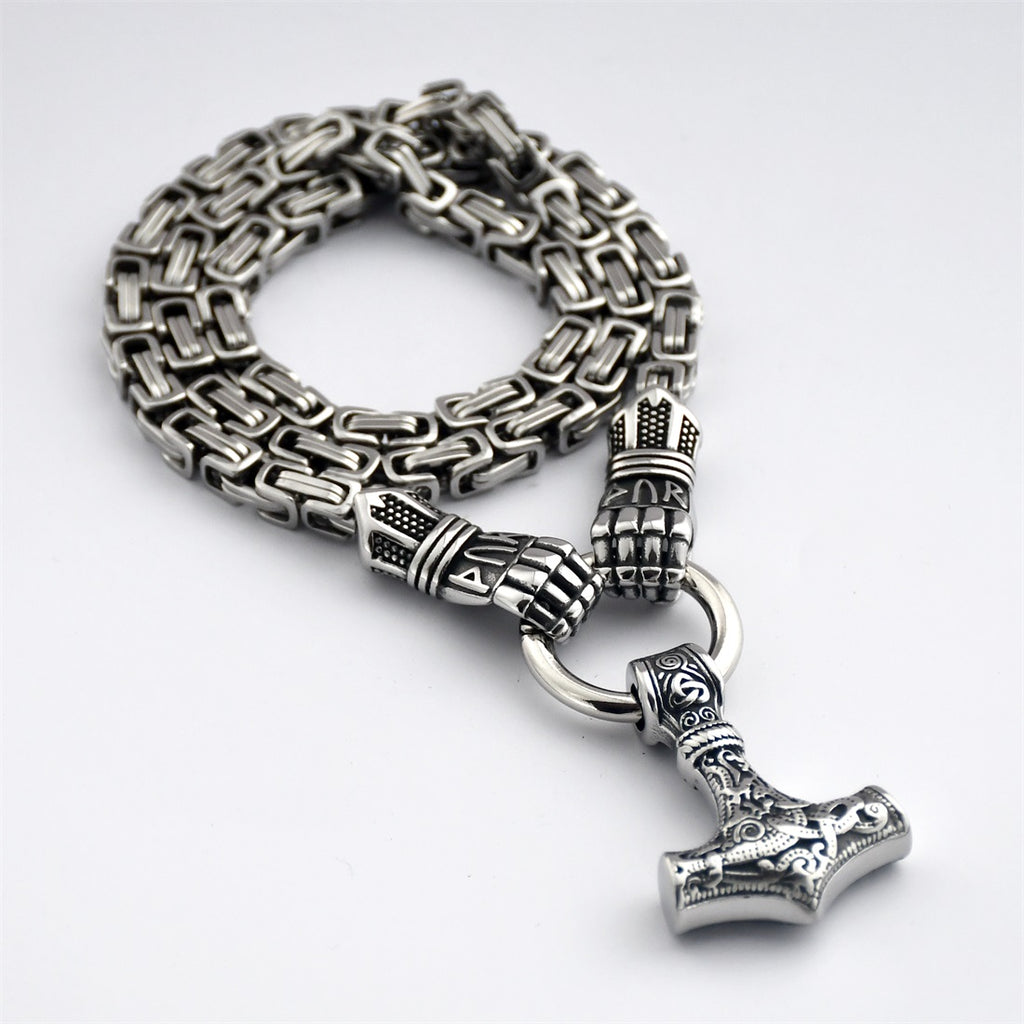 Men's Stainless Steel Gloves King Chain Necklace, Nordic Viking Titanium Steel Odin Thor's Hammer Pendant Necklace, Viking Men Jewelry