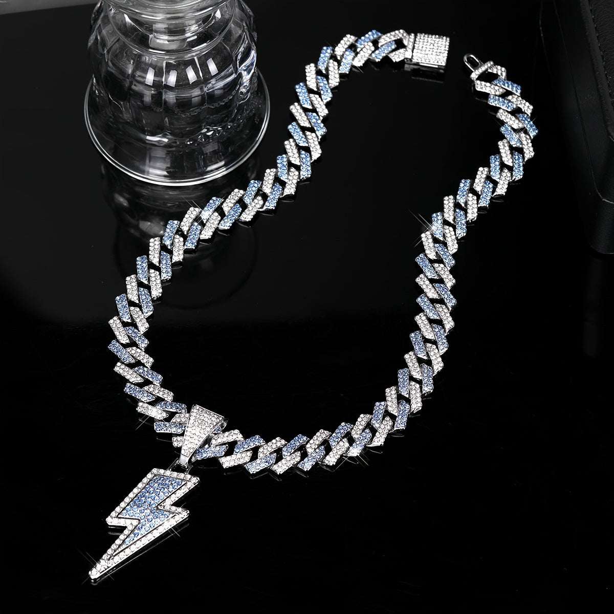 Iced-Out Lightning Bolt Pendant Necklace for Men - Sparkly CZ Cuban Link Chain, Hip Hop Rapper Jewelry by YOBEBOX, YOBEBOX