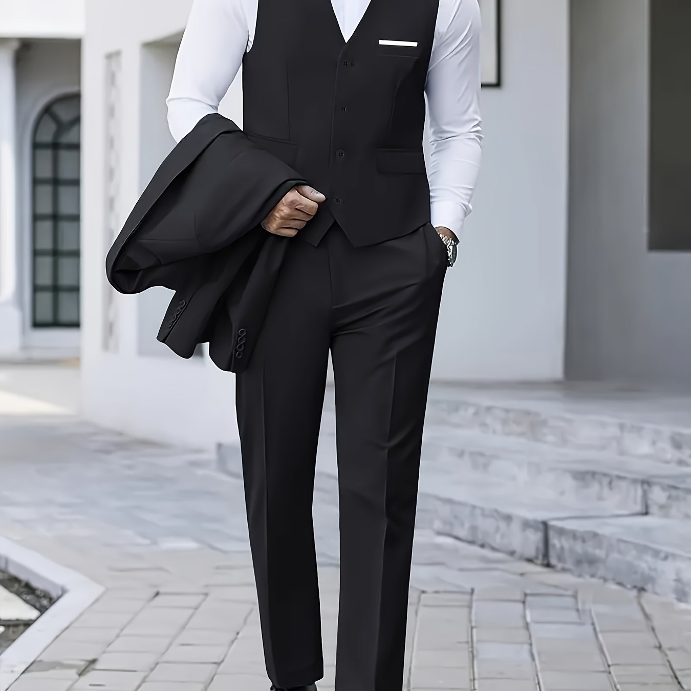 3-Piece Men's Classic Black Suit Set - Long Sleeve Blazer, Vest & Pants with Pockets, Button Details, Non-Stretch Polyester Fabric, Perfect for Weddings, Business Meetings & Formal Events