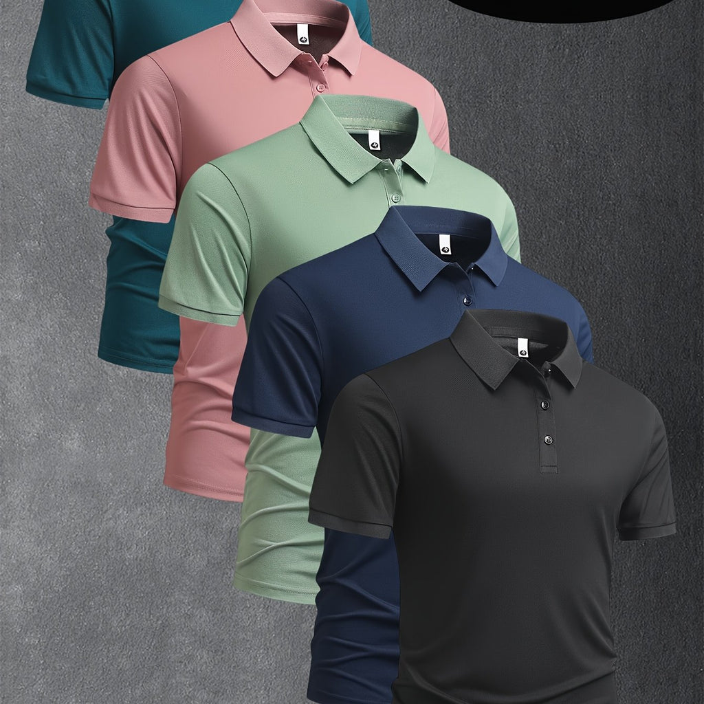 5pcs Men's 2025 Summer Shirts - Solid Color Casual Business Lapel Button-Up T-Shirts, Breathable Lightweight Fabric, Regular Fit for Golf, Office & Evening Outings, Machine Washable