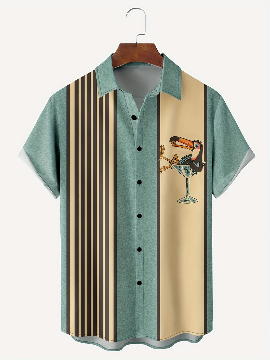 Men'S Casual Short Sleeve Shirt with Cocktail Glass Bird Print, Striped and Beige Design, Button-Up Collared Summer Top for Casual Attire, Leisure Clothing|Trendy Casual Style|Stylish Casualwear